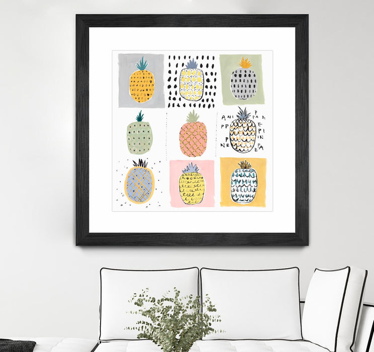 Œuvre d’art murale encadrée noire et mate « Nine Pineapples » 36 x 36