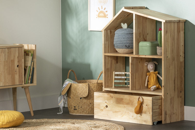 Bibliothèque en forme de maison Sweedi avec bac de rangement - bois naturel 