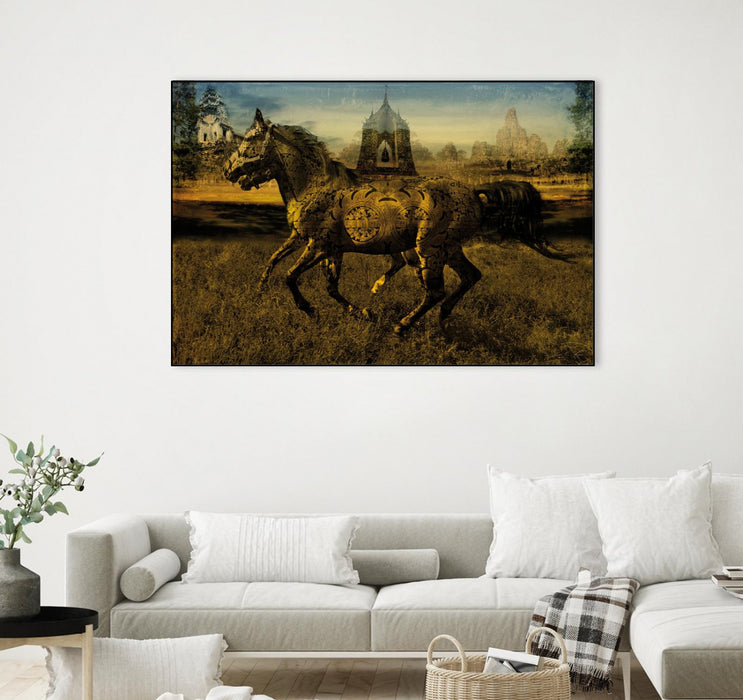 Œuvre d’art murale sur toile encadrée noire « 2 Horses » 36 x 24