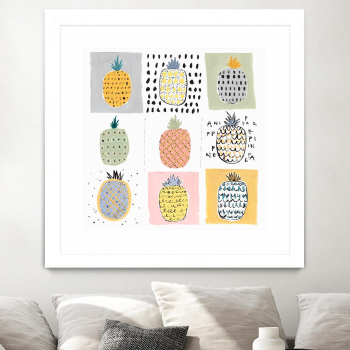 Œuvre d’art murale encadrée blanche et mate « Nine Pineapples » 30 x 30