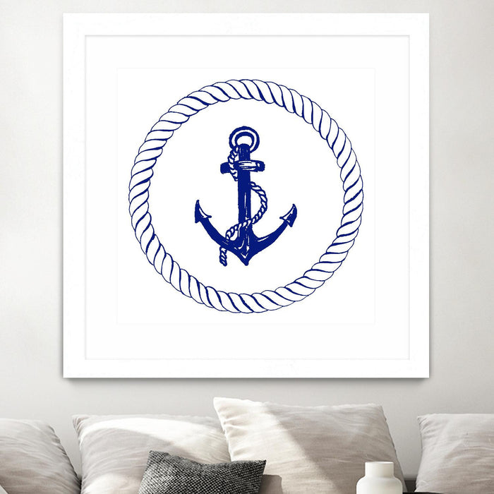 Œuvre d’art murale encadrée blanche et mate « Blue Nautical Circle I » 30 x 30
