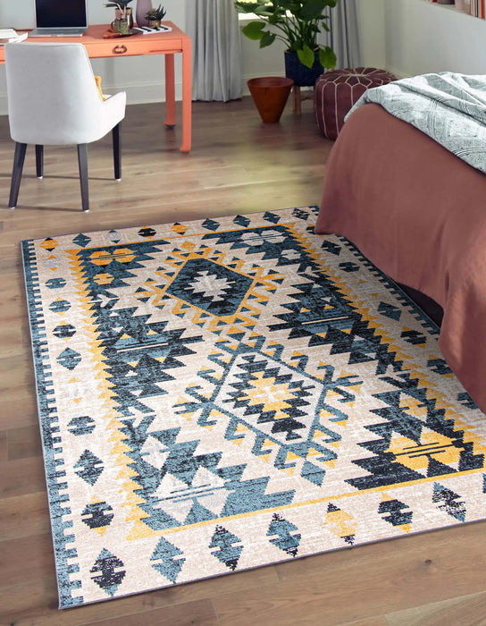 Carpette Mosaic taupe et bleue lavable à la machine - 5 pi 0 po x 7 pi 0 po