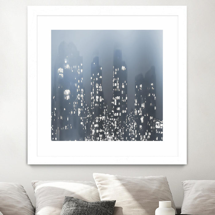Œuvre d’art murale encadrée blanche et mate « Dark City » 30 x 30
