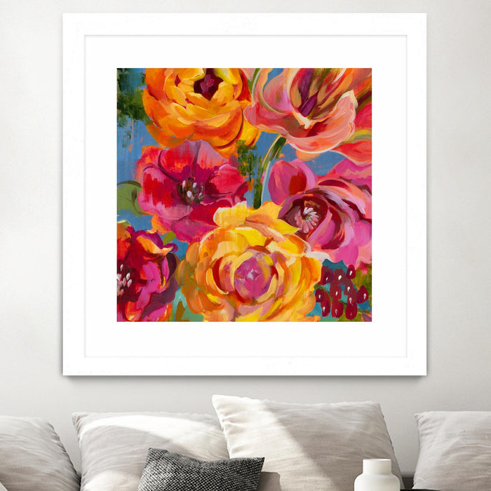 Œuvre d’art murale encadrée blanche et mate « Spring Bouquet V32 » 30 x 30