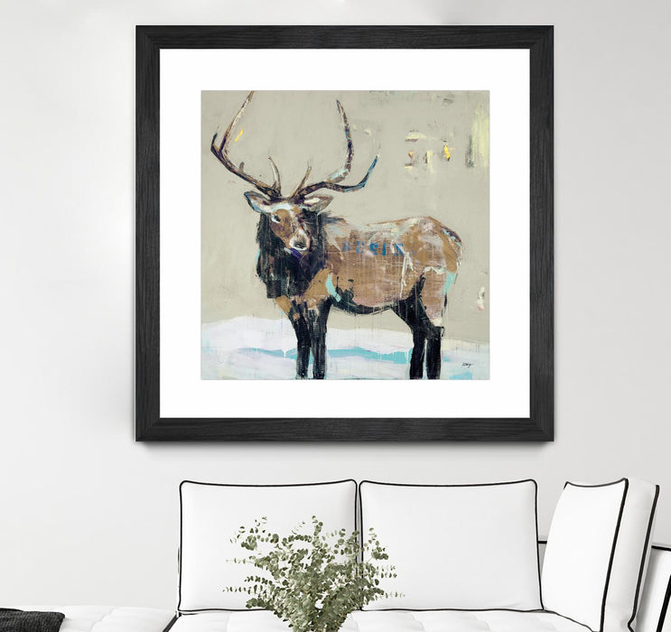 Œuvre d’art murale encadrée noire et mate « Winter Elk Neutral » 36 x 36