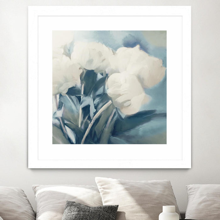Œuvre d’art murale encadrée blanche et mate « White Roses I » 30 x 30