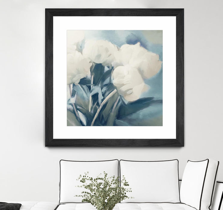Œuvre d’art murale encadrée noire et mate « White Roses I » 30 x 30
