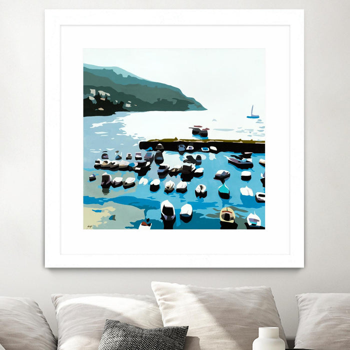 Œuvre d’art murale encadrée blanche et mate « Boats » 36 x 36