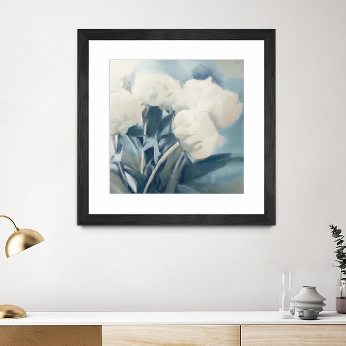 Œuvre d’art murale encadrée noire et mate « White Roses I » 30 x 30