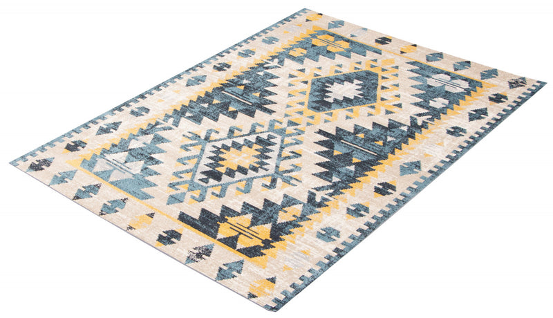 Carpette Mosaic taupe et bleue lavable à la machine - 5 pi 0 po x 7 pi 0 po
