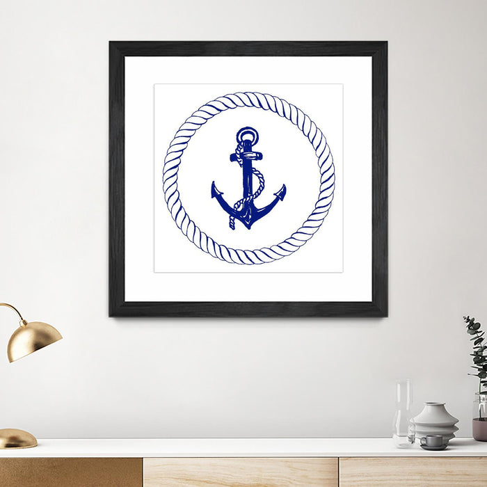 Œuvre d’art murale encadrée noire et mate « Blue Nautical Circle I » 30 x 30