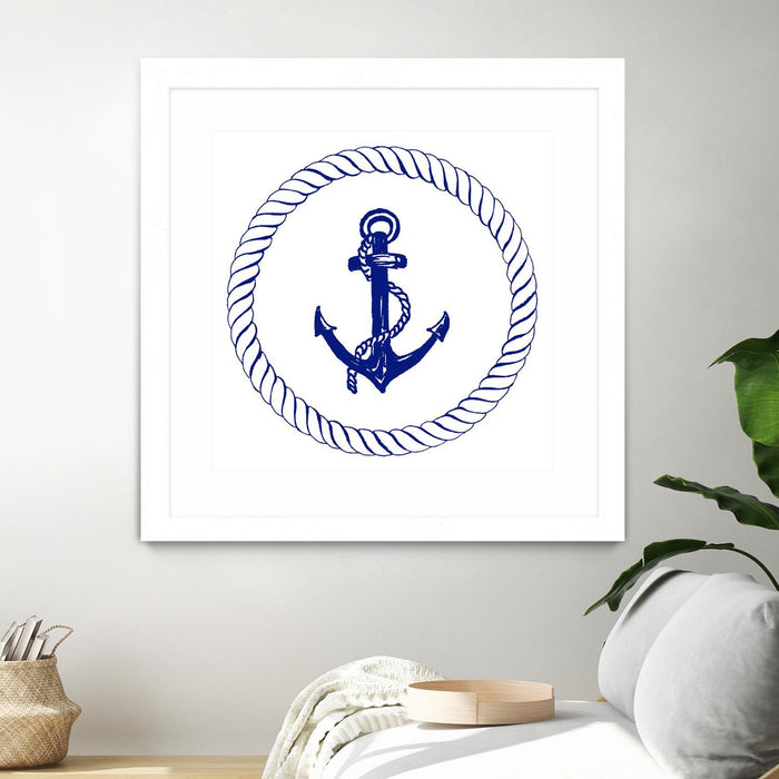 Œuvre d’art murale encadrée blanche et mate « Blue Nautical Circle I » 36 x 36