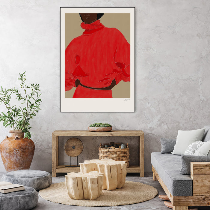 Œuvre d'art murale sur toile encadrée noire « Woman In Red » 18 x 24