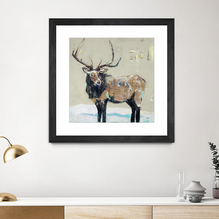 Œuvre d’art murale encadrée noire et mate « Winter Elk Neutral » 36 x 36