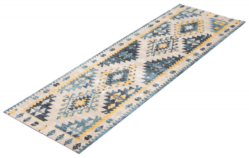 Carpette Mosaic taupe et bleue lavable à la machine - 2 pi 6 po x 8 pi 0 po