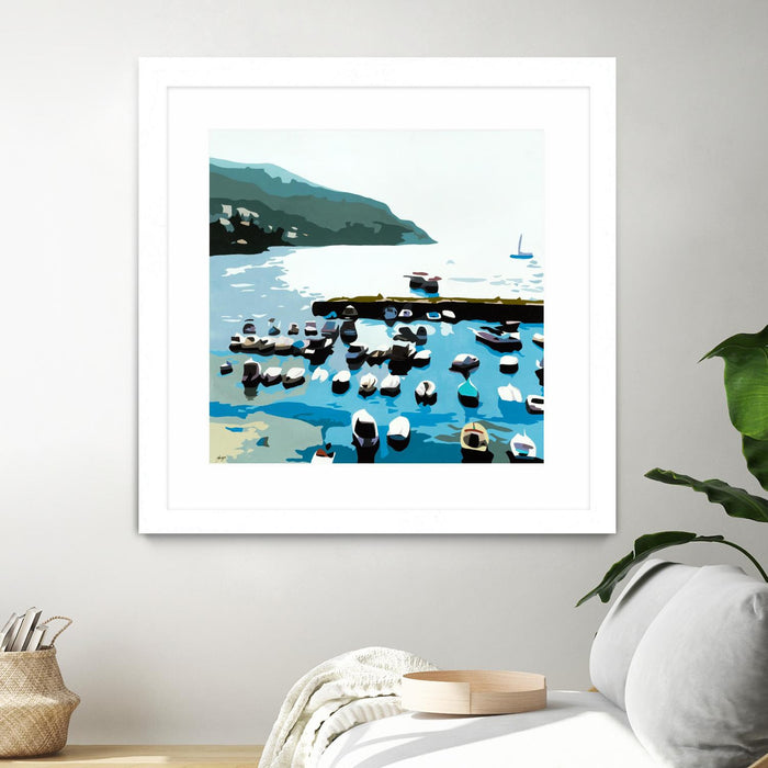 Œuvre d’art murale encadrée blanche et mate « Boats » 30 x 30