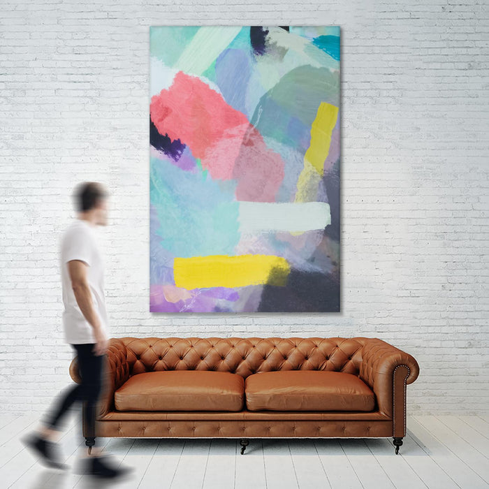 Œuvre d’art murale Giant Art « Brush Painting Texture Abstract In Blue Pink Yellow Green » 84 x 54