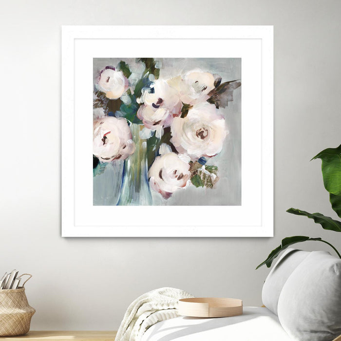 Œuvre d’art murale encadrée blanche et mate « Pale Pink Bouquet I » 30 x 30