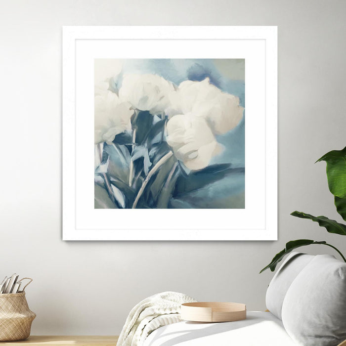 Œuvre d’art murale encadrée blanche et mate « White Roses I » 36 x 36