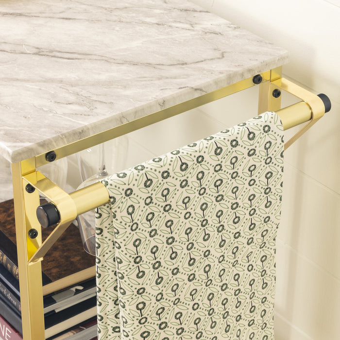 Chariot bar Maliza avec rangement pour bouteilles de vin et support pour verres à vin - imitation marbre Carrare et doré