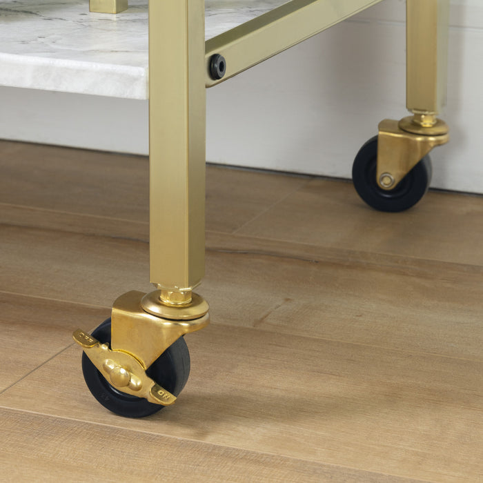 Chariot bar Maliza avec rangement pour bouteilles de vin et support pour verres à vin - imitation marbre Carrare et doré