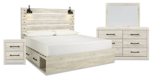 Ensemble de chambre à coucher Abby 6 pièces avec lit de rangement latéral, commode, miroir, table de nuit, éclairage à DEL et port USB, blanc - format très grand lit