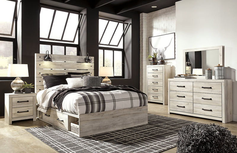 Ensemble de chambre à coucher Abby 6 pièces avec lit de rangement latéral, commode, miroir, table de nuit, éclairage à DEL et port USB, blanc - format grand lit