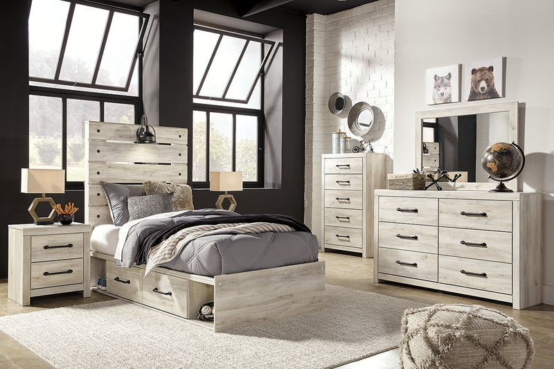 Ensemble de chambre à coucher Abby 6 pièces avec lit de rangement latéral, commode, miroir, table de nuit, éclairage à DEL et port USB, blanc - format lit simple