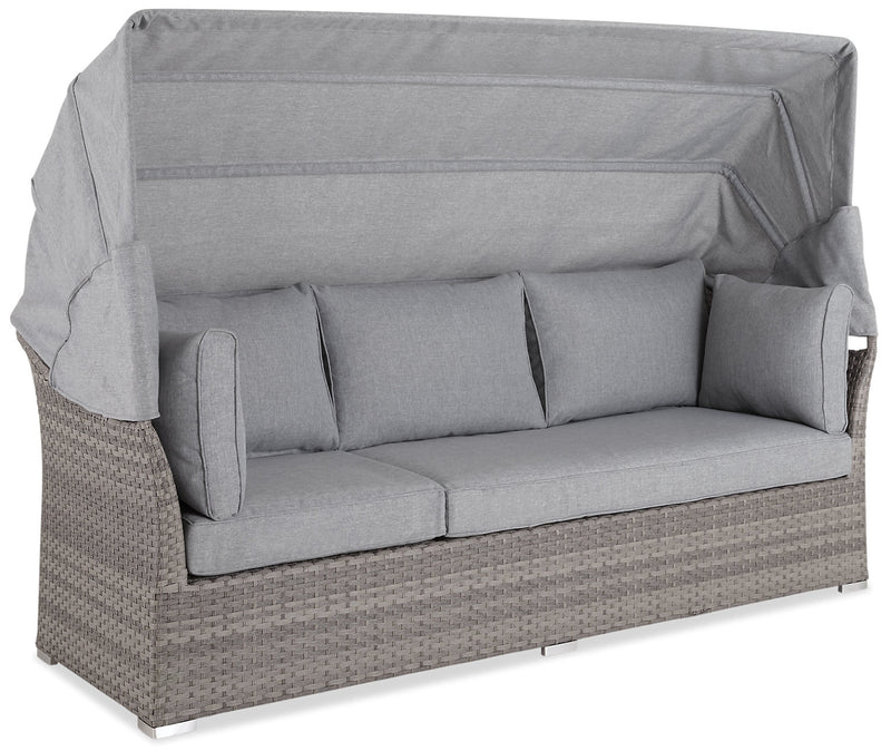 Ensemble de conversation Bermuda 6 pièces avec toit pour la terrasse à l’extérieur - osier en résine tressé à la main, résistant aux rayons UV et aux intempéries - gris