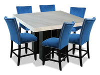 Ensemble de salle à manger Cami 7 pièces de hauteur comptoir avec table carrée de 54 po (L) avec dessus en marbre véritable et 6 chaises bleues