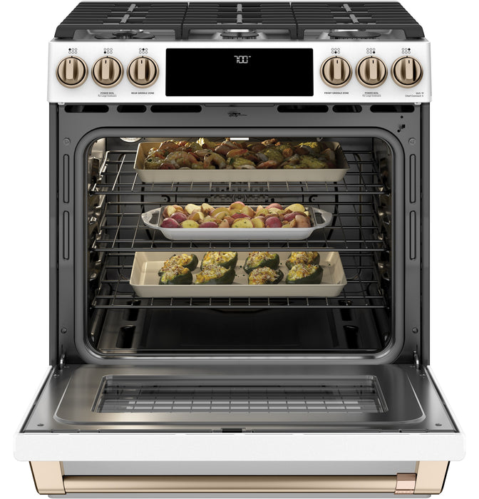 Cuisinière intelligente à gaz Café de 5,6 pi³ avec convection européenne véritable et grilles autonettoyantes - blanc mat - CCGS700P4MW2