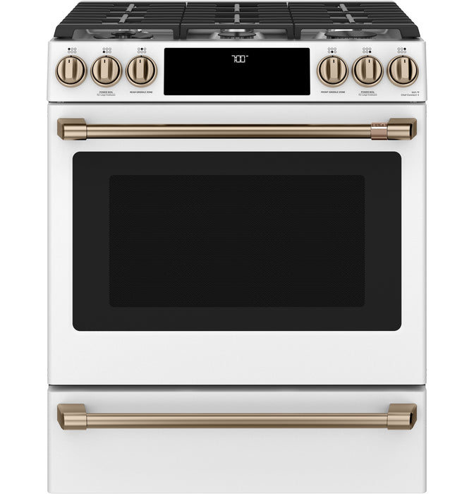 Cuisinière intelligente à gaz Café de 5,6 pi³ avec convection européenne véritable et grilles autonettoyantes - blanc mat - CCGS700P4MW2