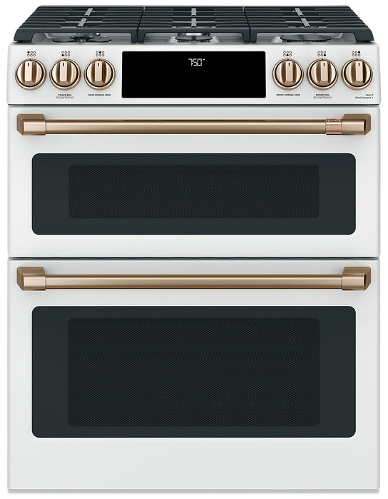 Cuisinière intelligente à gaz Café de 6,7 pi³ avec convection européenne véritable et grilles autonettoyantes - blanc mat - CCGS750P4MW2