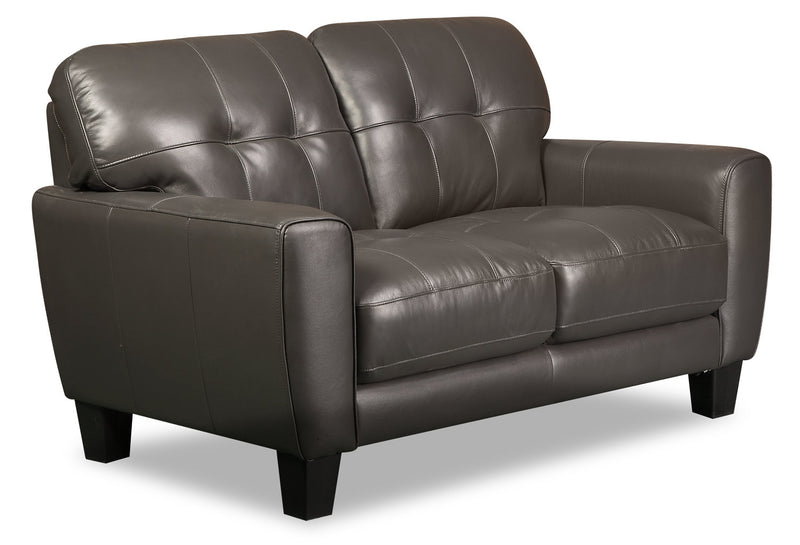 Causeuse Curt de 63 po en cuir véritable avec capitonnage à boutons - gris