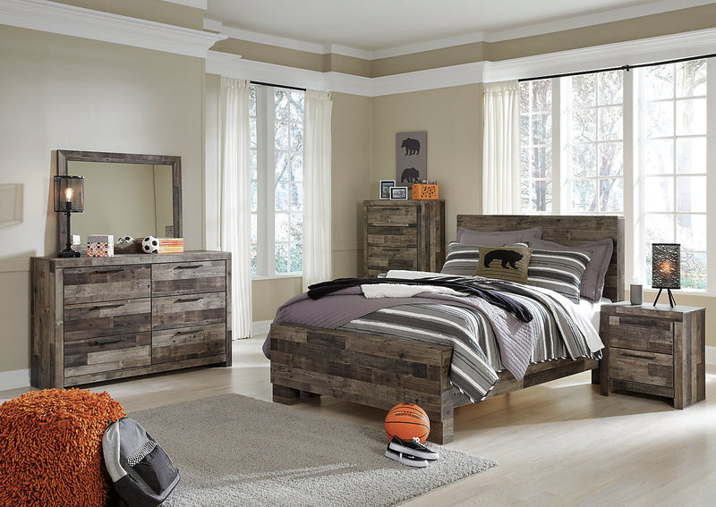 Ensemble de chambre à coucher Derekson 5 pièces avec lit à panneau, commode et miroir, gris - format lit double