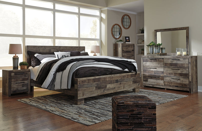 Ensemble de chambre à coucher Derekson 6 pièces avec lit à panneau, commode, miroir et table de nuit, gris - format très grand lit