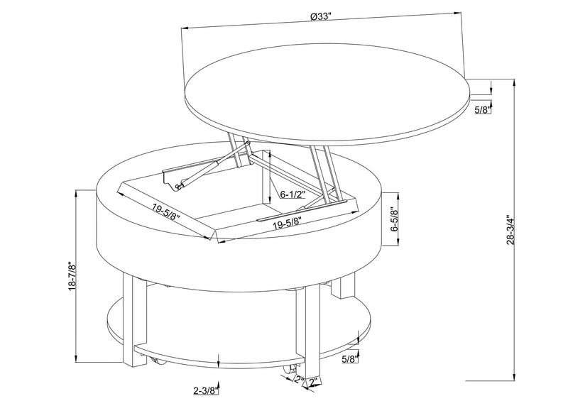 Table à café ronde rustique Elroy de 33 po avec dessus relevable, rangement, tablette et roulettes - brune et grise avec bordure en tissu