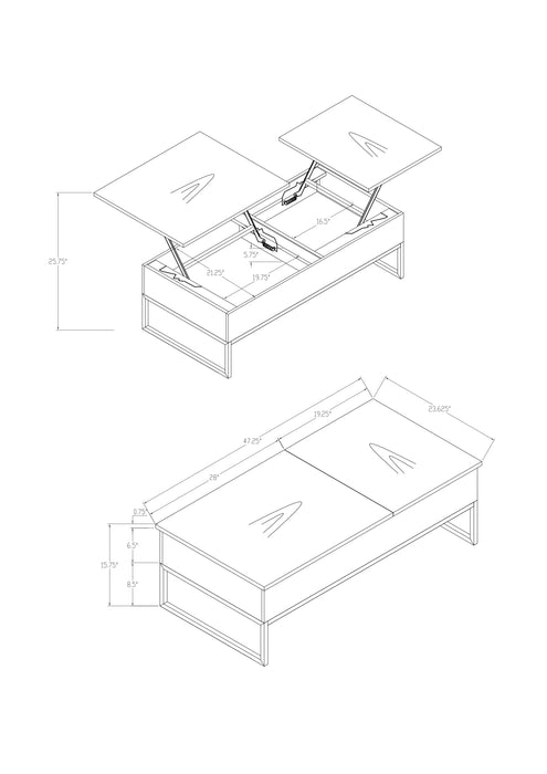 Table à café moderne Echo de 47,25 po avec dessus relevable et rangement - brune avec pattes en métal argenté