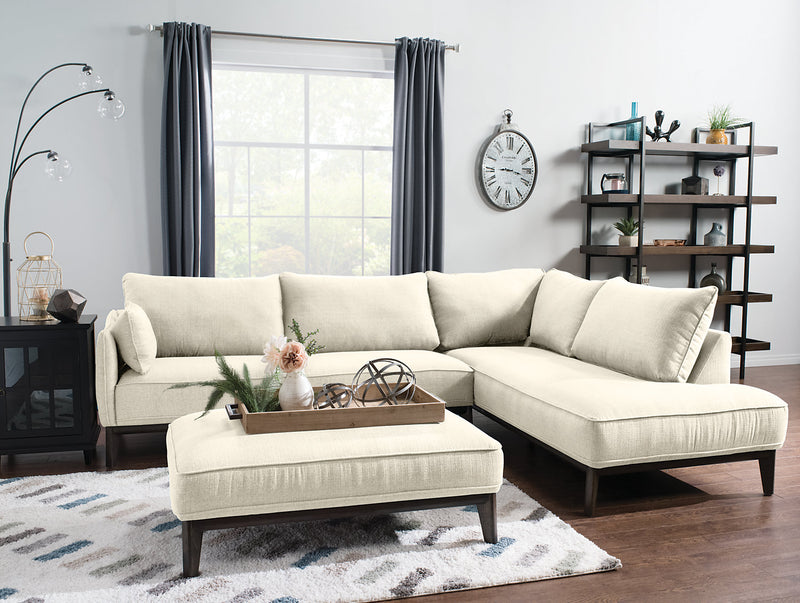Sofa sectionnel de droite Gena de Cindy Crawford Home 2 pièces en tissu d’apparence lin avec pattes en bois - blanc coton