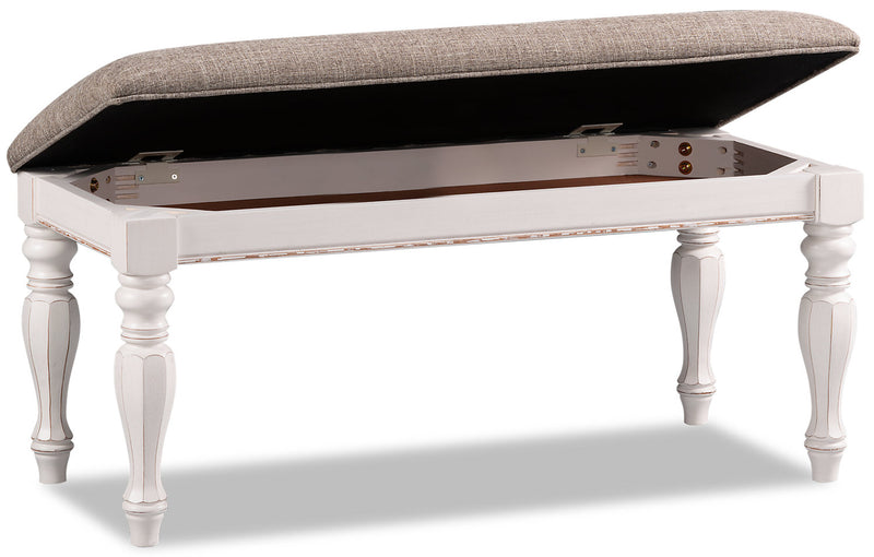 Banc de chambre à coucher Grace de 19 po (H) en bois et en tissu avec dessus relevable et rangement - blanc antique 