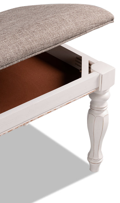 Banc de chambre à coucher Grace de 19 po (H) en bois et en tissu avec dessus relevable et rangement - blanc antique 