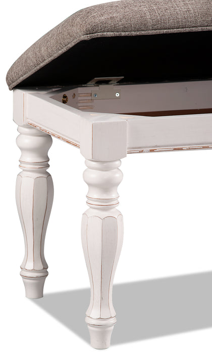 Banc de chambre à coucher Grace de 19 po (H) en bois et en tissu avec dessus relevable et rangement - blanc antique 
