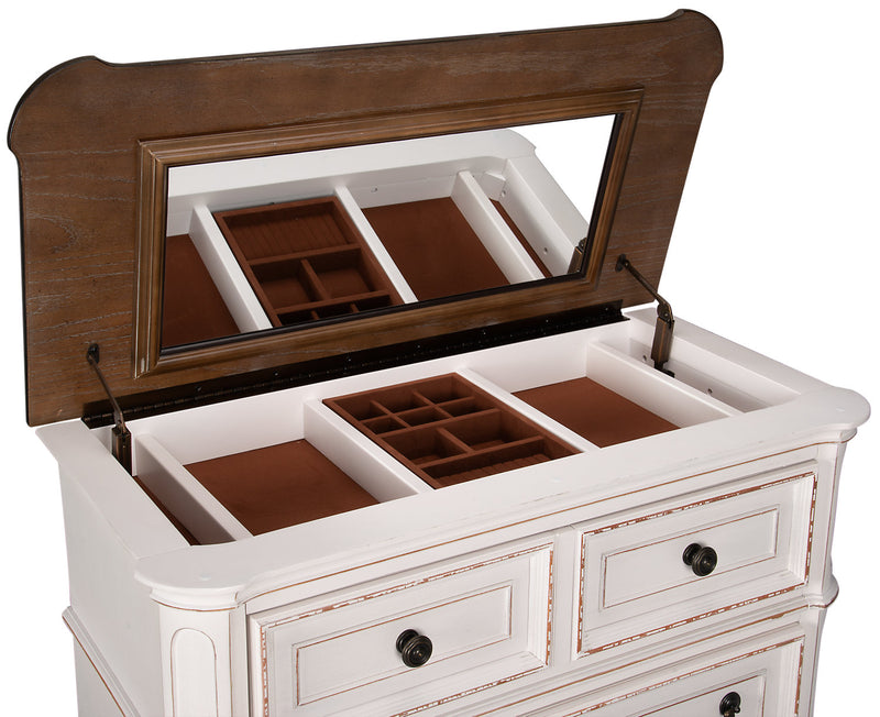 Commode verticale Grace de 38 po (L) x 52 po (H) à 5 tiroirs avec plateau de rangement à dessus relevable pour la chambre à coucher - blanc antique