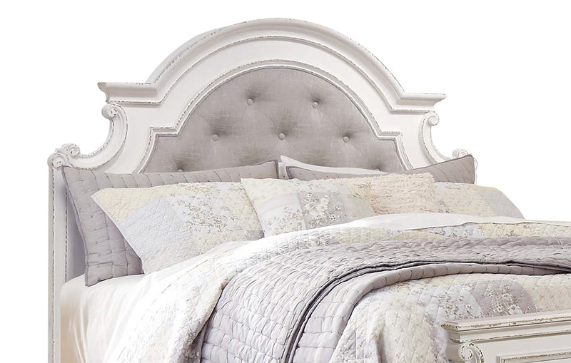 Ensemble de chambre à coucher Grace 5 pièces en bois et en tissu avec lit, commode et miroir, blanc antique - format très grand lit