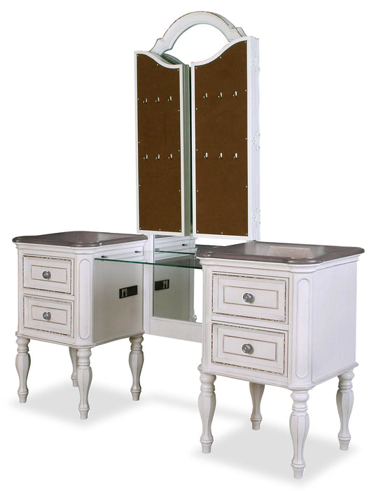 Ensemble de coiffeuse Grace avec tabouret, miroir, prises d’alimentation et ports USB intégrés pour la chambre à coucher - blanc antique