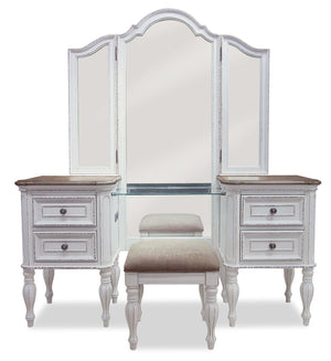Ensemble de coiffeuse Grace avec tabouret, miroir, prises d’alimentation et ports USB intégrés pour la chambre à coucher - blanc antique