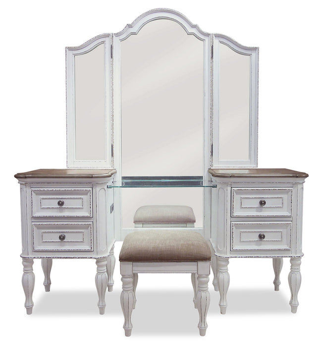 Ensemble de coiffeuse Grace avec tabouret, miroir, prises d’alimentation et ports USB intégrés pour la chambre à coucher - blanc antique