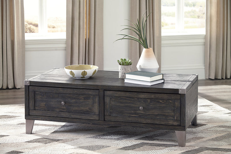 Table à café industrielle Hilla de 54,38 po avec dessus relevable et rangement - bois brun foncé avec pattes en métal