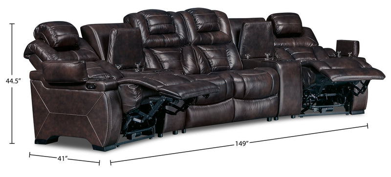 Sofa sectionnel à inclinaison électrique Hugo 5 pièces en cuir véritable avec consoles de rangement et porte-gobelets - brun