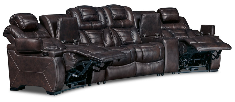 Sofa sectionnel à inclinaison électrique Hugo 5 pièces en cuir véritable avec consoles de rangement et porte-gobelets - brun